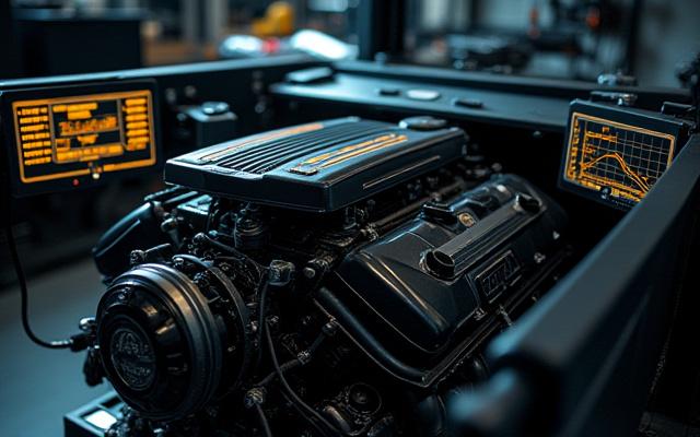 Motor de alto rendimiento en un banco de pruebas, con gráficos de mapeo de ECU superpuestos, mostrando un aumento de potencia.